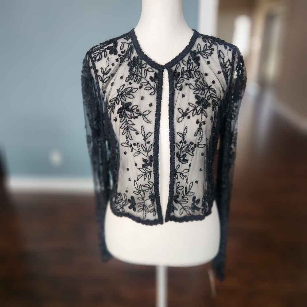 SCALA NWT Vintage Sheer Black Beaded Long Sleeve Evening Jacket / Bolero Sz: L